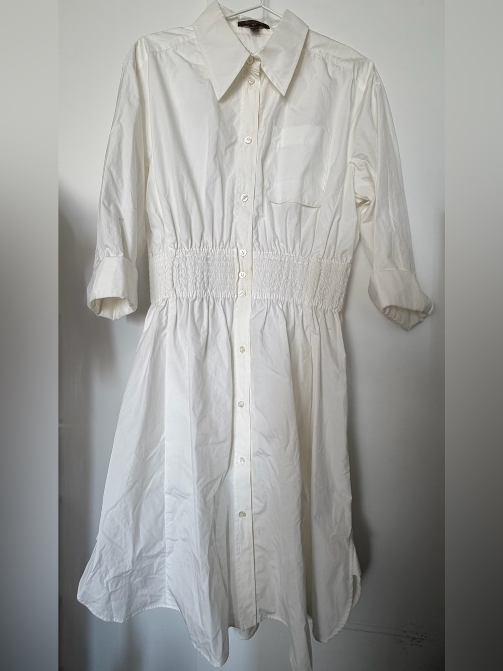 Louis Vuitton White Smocked Waist Long-Sleeve Shirtdress (100% Authentic)